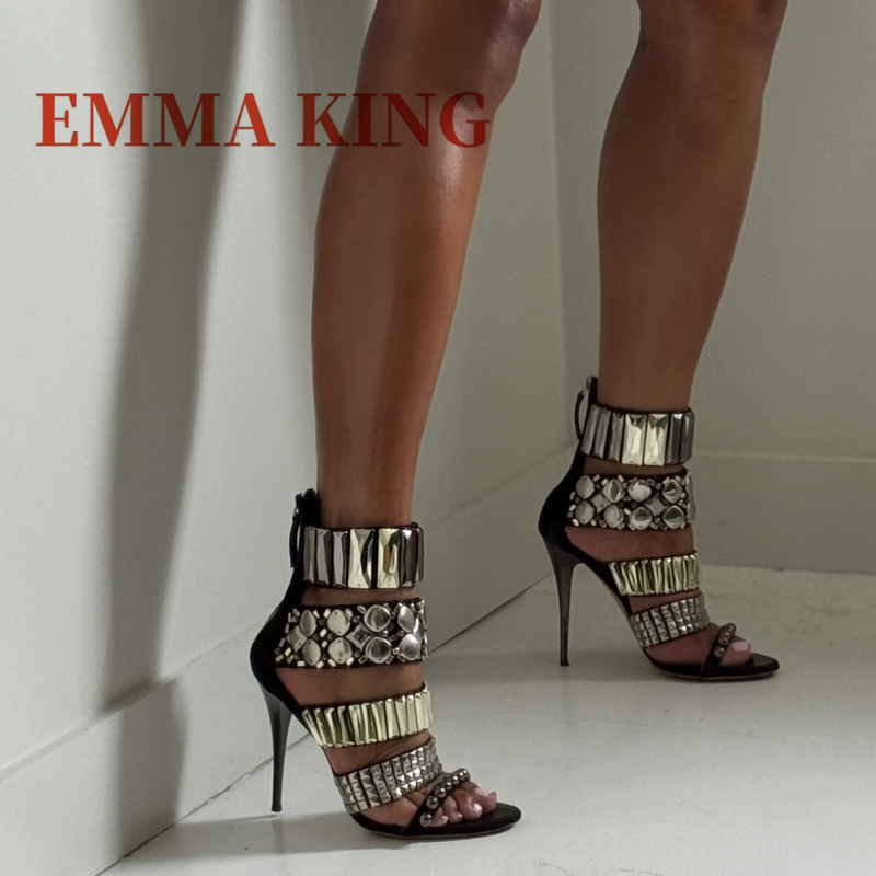 Gladiator Sandal Women - รองเท้าส้นสูงแบบรัดข้อเท้าประดับเพชร สีดำ สำหรับผู้หญิง สไตล์กลาดิเอเตอร์ เปิดนิ้วเท้า เหมาะสำหรับฤดูร้อน
