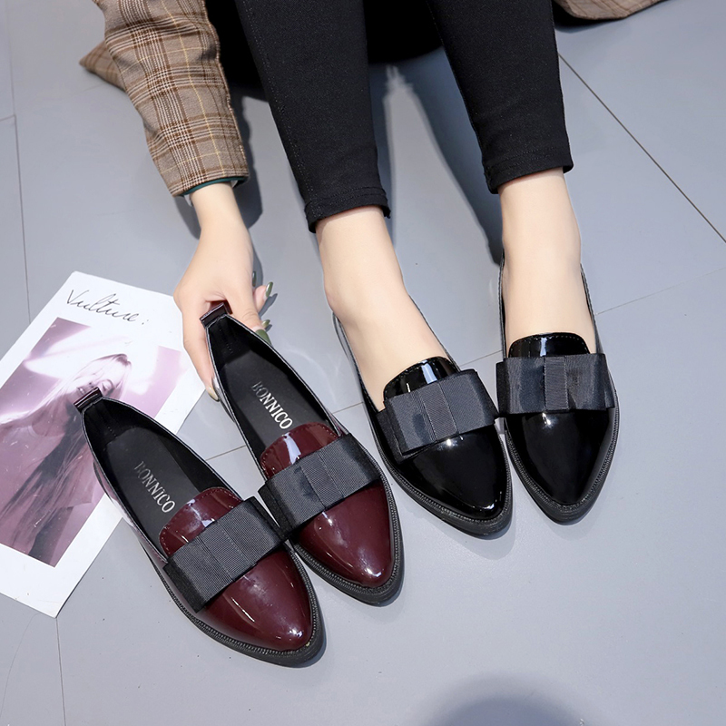 Women'S Shoes Temu - รองเท้าส้นเตี้ยหนังแก้วสีดำ/สีแดงไวน์ ปลายแหลม แบบสวม ประดับโบว์ รองเท้าลำลองอเนกประสงค์สำหรับใส่ในชีวิตประจำวันและธุรกิจ