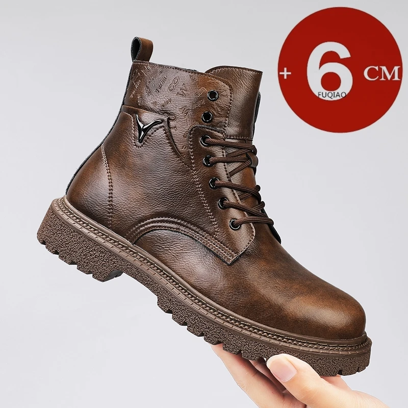 Suede Ankle Boot - รองเท้าบูทเพิ่มความสูง 6 ซม. สำหรับผู้ชาย หนังแท้ ใส่ได้ทั้งฤดูใบไม้ร่วงและฤดูหนาว