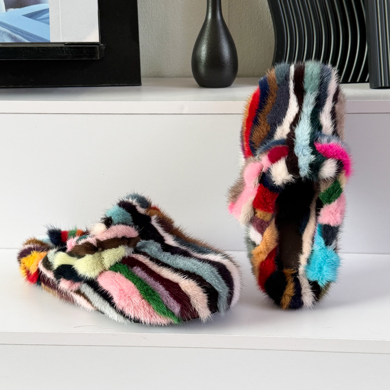 Women'S Shoes Clogs - รองเท้าแตะสตรีแบบสวมและรองเท้าคlog ขนมิงค์ รองเท้าแตะฤดูหนาวสำหรับผู้หญิง รองเท้าแตะขนสัตว์แบบสไลด์สีสันตัดกัน รองเท้าแตะขนสัตว์แบบหนานุ่มสำหรับผู้หญิง