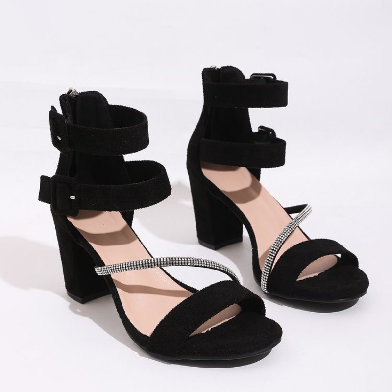 Peep Toe Heels - รองเท้าผู้หญิงแบบสวมเปิดนิ้วเท้า ส้นหนา สายรัดแบบหัวเข็มขัด วัสดุหนังกลับ สำหรับฤดูร้อน ดีไซน์เรียบง่าย