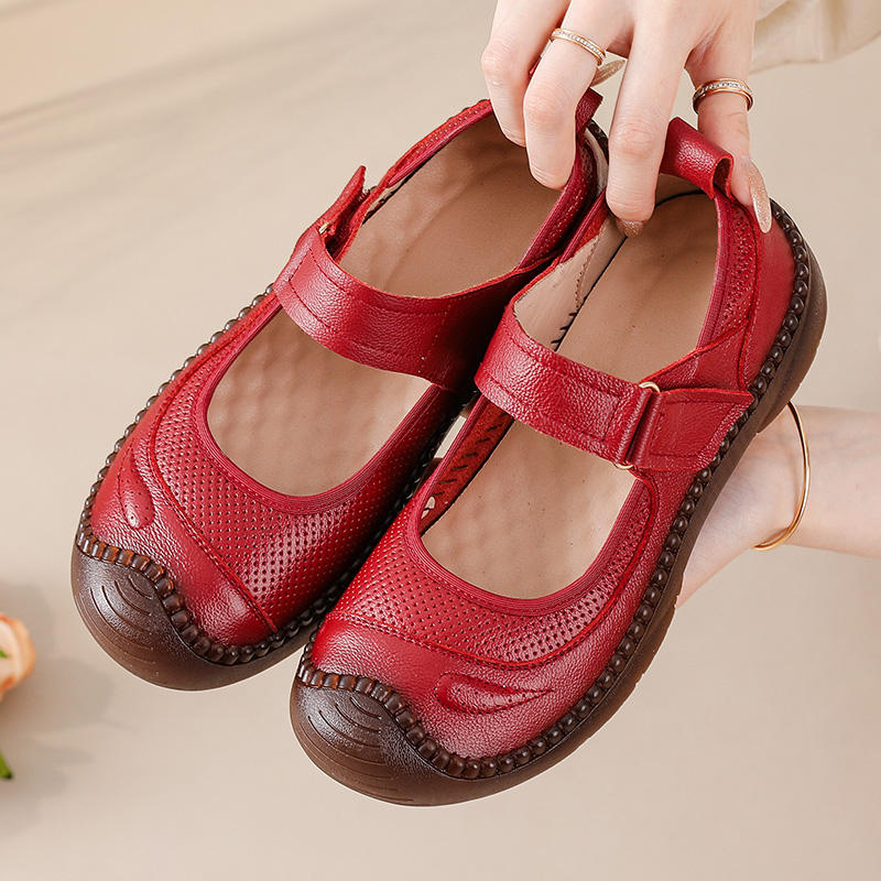 Women'S Shoes In The 90S - รองเท้าส้นเตี้ยสไตล์เรโทรยุค 90 สีแดง รุ่นแมรี่เจน สำหรับผู้หญิง ทำจากหนังแท้