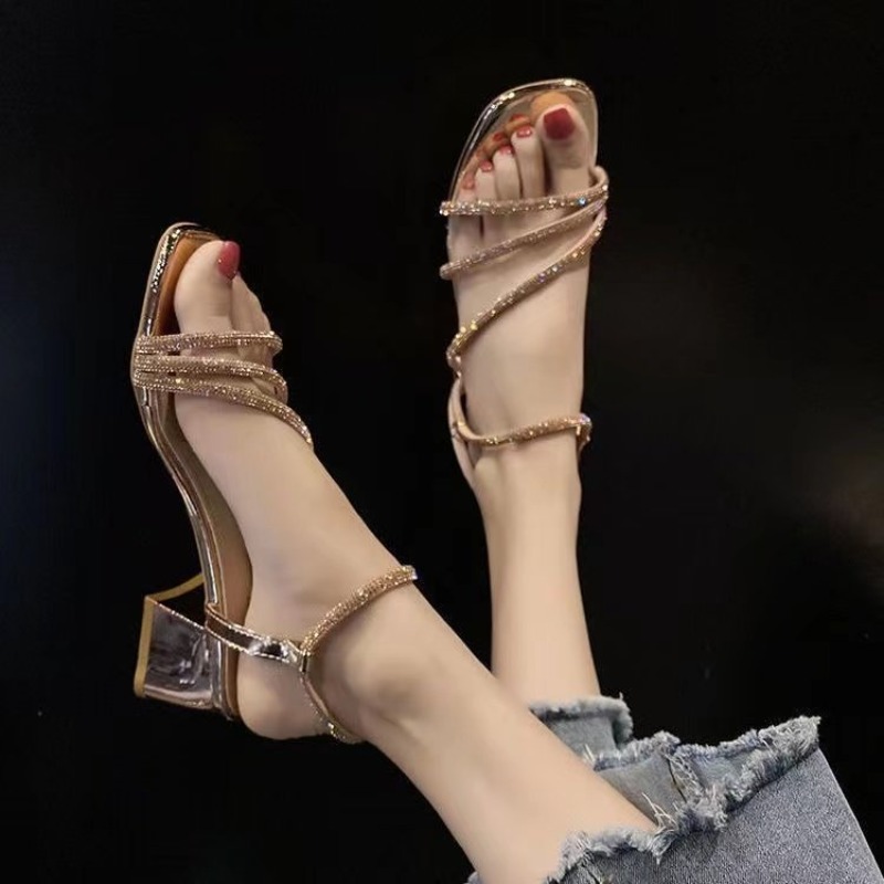 Square Toe Mule - รองเท้าส้นหนาประดับเพชร สไตล์แฟรี่ สำหรับผู้หญิง ใส่ได้หลากหลาย ฤดูร้อน หัวเหลี่ยม