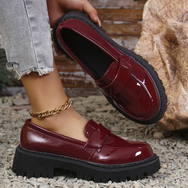 Patent Leather Pump - สิทธิบัตรหนัง Med Heel รองเท้าไม่มีส้นรองเท้าผู้หญิงสีทึบ SLIP-ON ปั๊มแพลตฟอร์มผู้หญิงหนาด้านล่างลื่นรองเท้าหญิง