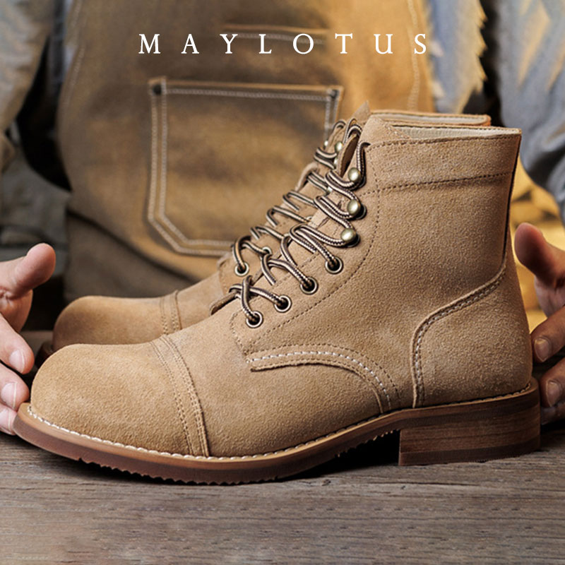 Suede Ankle Boot - รองเท้าบูทหนังกลับแบบ Goodyear-Welted สไตล์มอเตอร์ไซค์ ทนทาน แนววินเทจ หนังกลับ