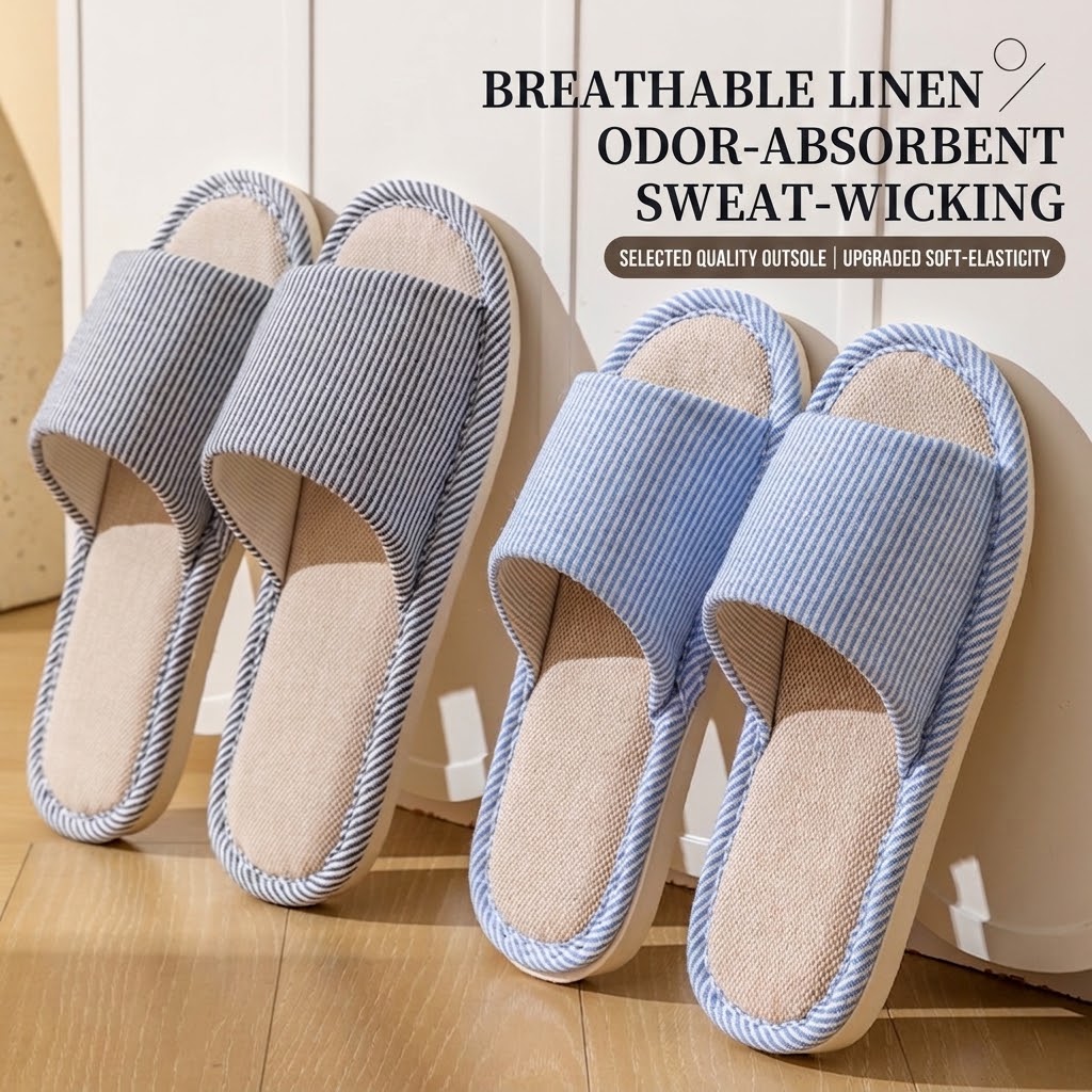 Women Shoes Size To Men - รองเท้าแตะผ้าลินินระบายอากาศสำหรับผู้หญิงและผู้ชาย ลายทาง เปิดหัวเท้า รองเท้าใส่ในบ้าน พื้นนุ่มกันลื่น ดูดซับเหงื่อ