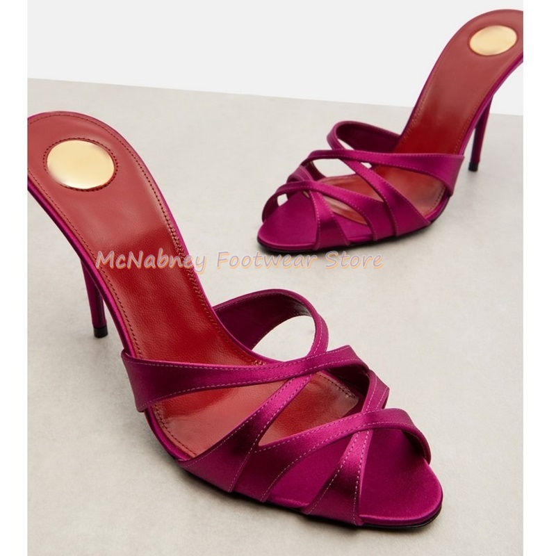 Women'S Shoes Clogs - รองเท้าส้นเข็มผ้าซาตินแบบไขว้สไตล์โรมัน รองเท้าผู้หญิงสีแดงไวน์ ทำมือ รองเท้าแตะผู้หญิงสุดหรู รองเท้าแตะฤดูร้อน